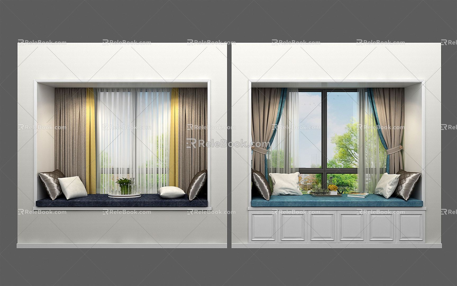 Modern Bay Window and Bay Window Curtain Combination 3d model