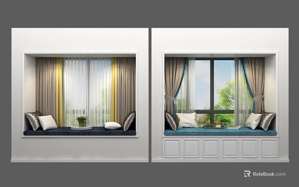 Cozy Bay Window Design with Curtains Throw Pillows and Green Outdoor View 3d model 