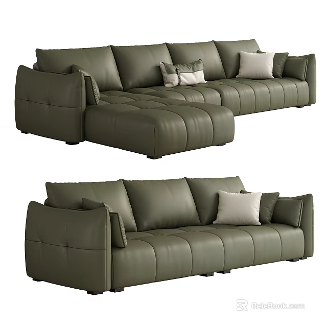 Modern Olive Green Leather Sofa Set with Modular Design and Decorative Pillows 3d model