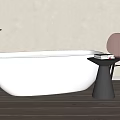 White Freestanding Bathtub With Black Faucet Pink Chair And Wooden Floor In Light Bathroom