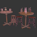 Rustic Indoor Setup Featuring Wooden Round Tables Stools And Decorative Bottles Containers
