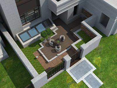 Modern Garden Landscape With Wooden Terrace Outdoor Seating Green Lawn And Stone Path 3d model