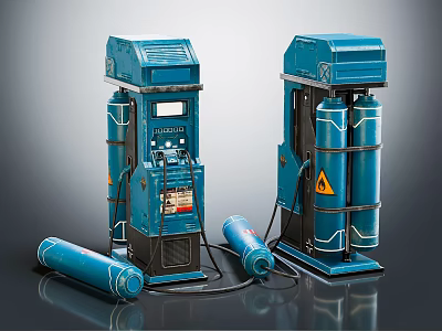 Blue Industrial Air Compressors With Cylindrical Storage Tanks And Connected Pipes 3d model