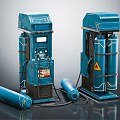 Blue Industrial Air Compressors With Cylindrical Storage Tanks And Connected Pipes
