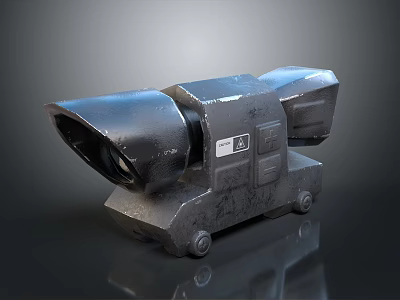 Industrial Black Metal Mechanical Device With Wheeled Base And Front Lens 3d model