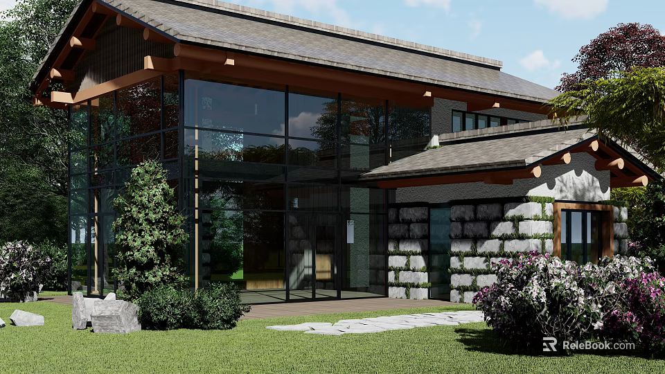 Modern Single Family House With Large Glass Windows Sloped Roof Stone Walls And Green Garden 3d model 