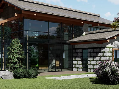 Modern Single Family House With Large Glass Windows Sloped Roof Stone Walls And Green Garden 3d model