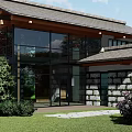 Modern Single Family House With Large Glass Windows Sloped Roof Stone Walls And Green Garden