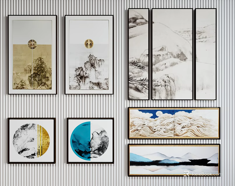 Chinese Style Framed Wall Art With Landscape Patterns Gold Elements And Various Shapes 3d model