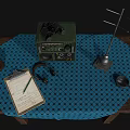 Vintage Headphones and Audio Device with Clipboard Pencil Leather Case on Blue Grid Cloth