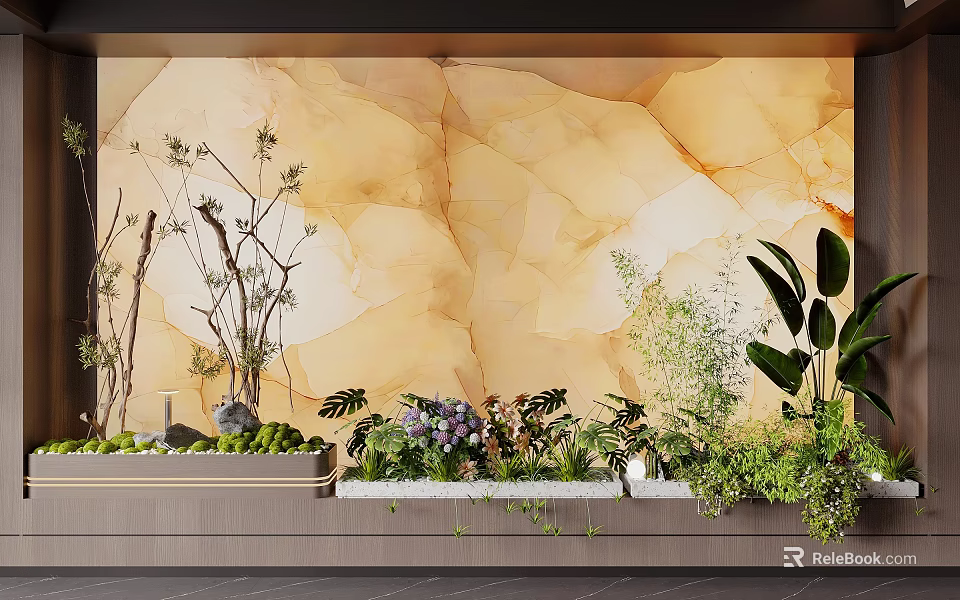 Indoor Landscape with Warm Yellow Marble Wall and Various Green Plants Flowers Dried Branch Decorations 3d model 