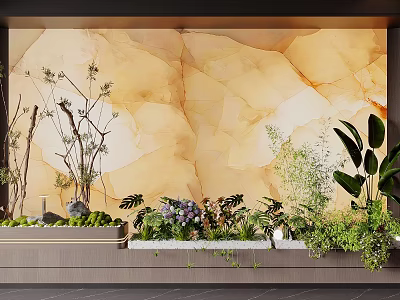 Indoor Landscape with Warm Yellow Marble Wall and Various Green Plants Flowers Dried Branch Decorations 3d model