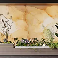 Indoor Landscape with Warm Yellow Marble Wall and Various Green Plants Flowers Dried Branch Decorations