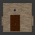 Vintage Room Interior With Brick Walls Wooden Door Arched Window And Checkered Floor