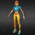 Stylized Character Wearing Blue Lightning Crop Top And Yellow Gradient Leggings With Arm Tattoo