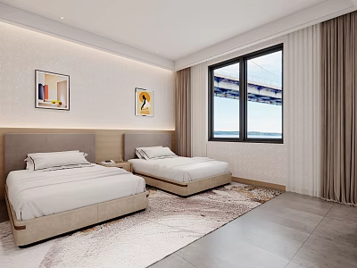 Modern Hotel Guest Room With Two Double Beds Large Windows Beige Curtains And Wall Paintings 3d model