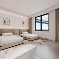 Modern Hotel Guest Room With Two Double Beds Large Windows Beige Curtains And Wall Paintings