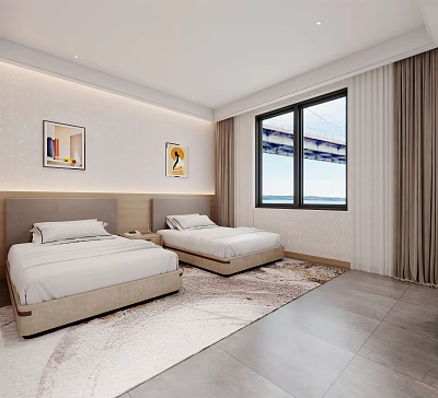 Modern Hotel Guest Room With Two Double Beds Large Windows Beige Curtains And Wall Paintings 3d model
