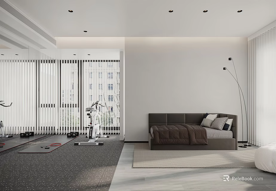 Modern Entertainment Room Interior With Fitness Equipment Sofa Carpet And Floor Lamp 3d model 