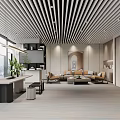 Modern Office Interior Design With Ceiling Slats Large Windows Executive Desk And Bookshelves