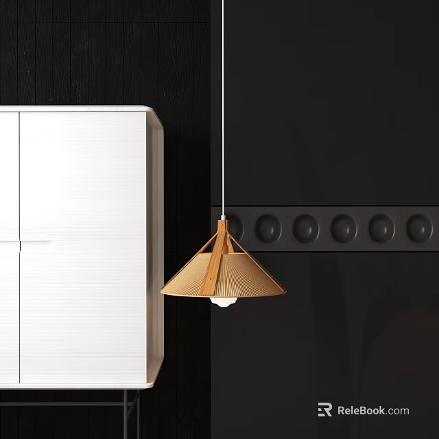 Modern Wooden Cone Shaped Pendant Light Hanging Over White Cabinet And Black Wall Interior 3d model 