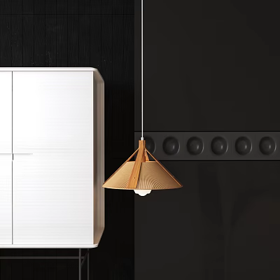 Modern Wooden Cone Shaped Pendant Light Hanging Over White Cabinet And Black Wall Interior 3d model