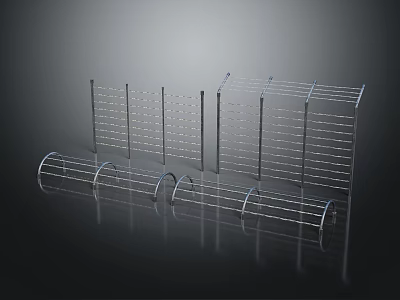 Modern Metal Fence Structures With Straight And Curved Grid Panel Designs 3d model