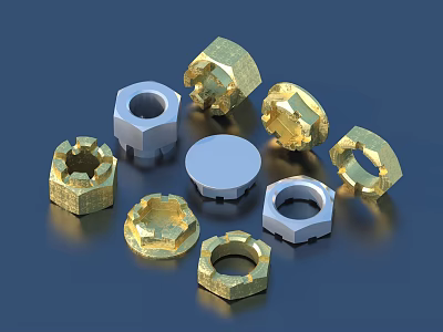 Assorted Metal Nuts in Gold and Silver with Various Shapes on Black Surface 3d model