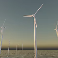 Wind Turbine Architectural Components with Tall Towers and Rotating Blades on Water Surface