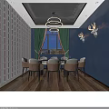 Private Dining Box With Red Lattice Wall Green Curtains And Circular Pendant Lights