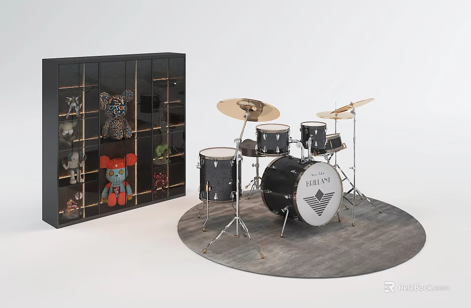 Black Drum Set with Cymbals and Various Art Supplies in Black Display Cabinet 3d model 
