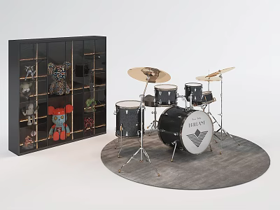 Black Drum Set with Cymbals and Various Art Supplies in Black Display Cabinet 3d model