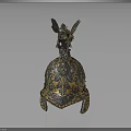Ancient Decorative Helmet With Intricate Golden Black Patterns And Eagle Ornament