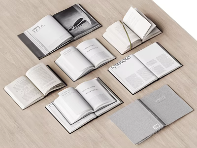 Open Books and Magazines Display on Wooden Table with Various Covers and Pages 3d model