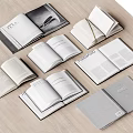 Open Books and Magazines Display on Wooden Table with Various Covers and Pages