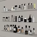 Elegant Perfumes and Cosmetics Organized Display on White Shelves with Various Bottles Jars