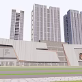 Modern Commercial Complex With Glass Facade Luxury Stores Outdoor Plaza And Green Lawns