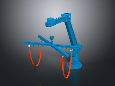 Blue Industrial Robotic Arm Equipment With Hanging Orange Hoses And Sturdy Base 3d model