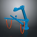 Blue Industrial Robotic Arm Equipment With Hanging Orange Hoses And Sturdy Base