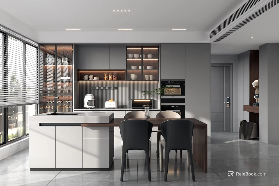 Modern Open Kitchen Dining Space With Island Counter Cabinets And Dining Table Chairs 3d model