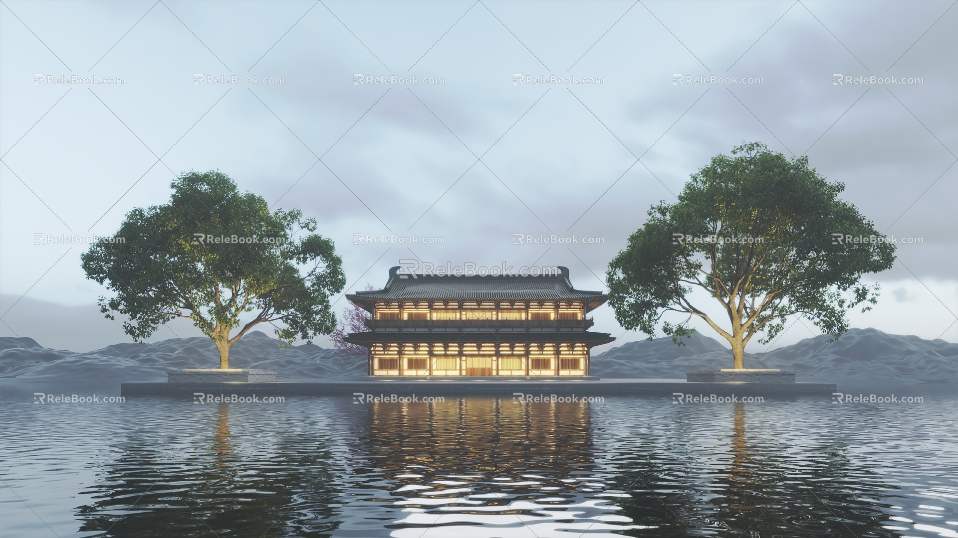 Architectural Concept Display Ancient Building Single Building Water Surface Lake Real Estate Animation Head and Tail Tree Water Platform 3d model