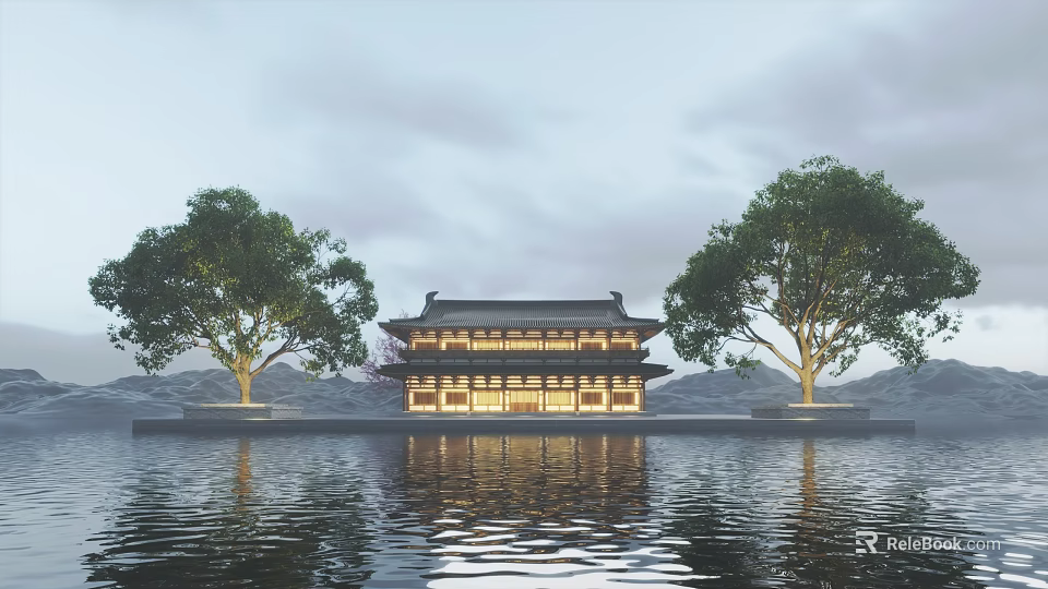 Ancient Chinese Architecture by Waterfront with Lit Lights Mountain Trees and Reflection 3d model 