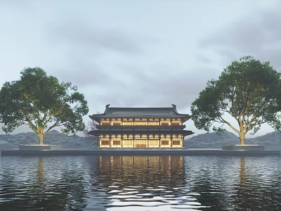 Ancient Chinese Architecture by Waterfront with Lit Lights Mountain Trees and Reflection 3d model