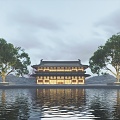 Architectural Concept Display Ancient Building Single Building Water Surface Lake Real Estate Animation Head and Tail Tree Water Platform 3d model