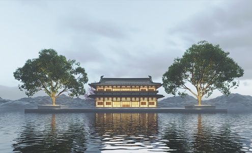 Architectural Concept Display Ancient Building Single Building Water Surface Lake Real Estate Animation Head and Tail Tree Water Platform 3d model