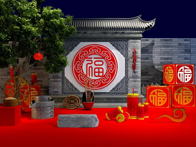 Traditional Chinese Festival Decorations With Red Fu Characters Lanterns And Stone Mill 3d model
