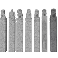 Traditional Carved Stone Pillars With Lion Head Sculptures And Various Designs