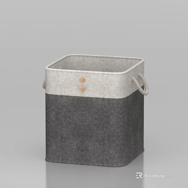 Stylish Square Gray and White Felt Storage Basket With Rope Handles and Wooden Buttons 3d model 