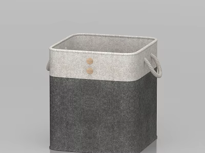 Stylish Square Gray and White Felt Storage Basket With Rope Handles and Wooden Buttons 3d model
