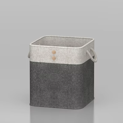 Stylish Square Gray and White Felt Storage Basket With Rope Handles and Wooden Buttons 3d model